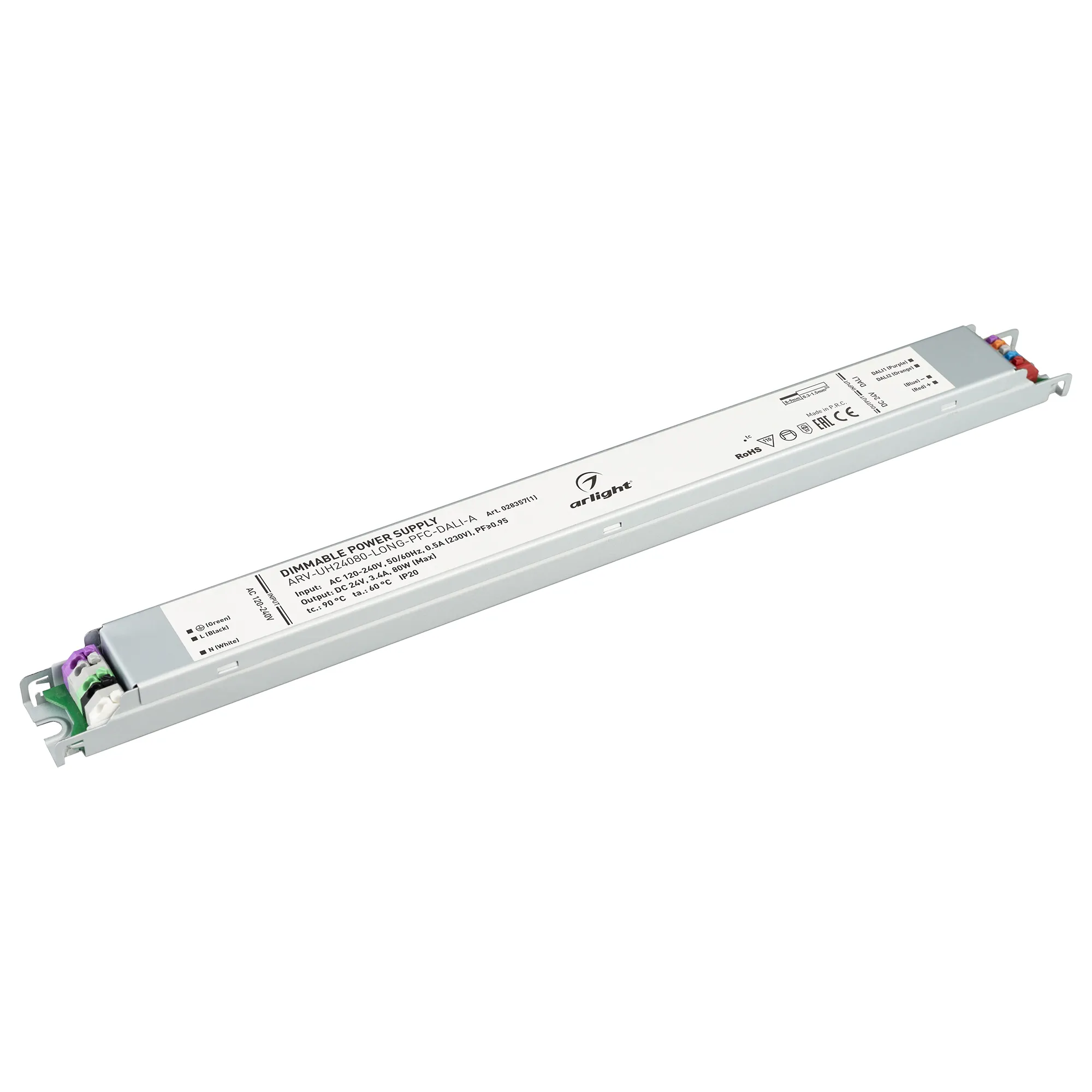 Блок питания ARV-UH24080-LONG-PFC-DALI-A (24V, 3.4A, 80W) (Arlight, IP20 Металл, 7 лет) - изображение товара